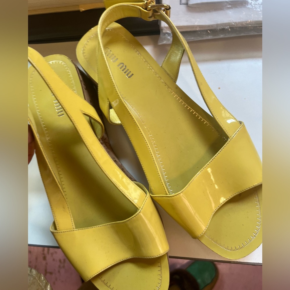 Miu miu yellow & cork peep toe wedges. Size 37 1/2 (6.5 US)